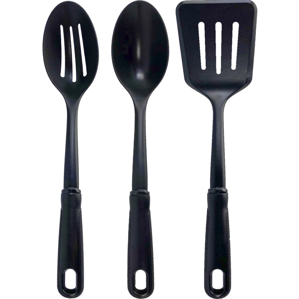 Mainstays 3Piece Kitchen Utensil Set, Slotted Spatula, Slotted Spoon and Solid Spoon, Black