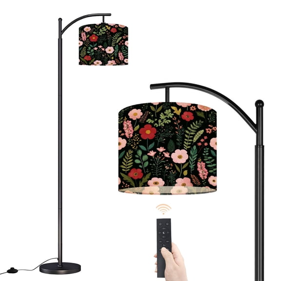 Arc Floor Lamp with Adjustable Lampshade Floral Garden Pink Red Flowers Dark Standing Lamp 3 Color Temperatures Dimmable Tall Pole Lamp with Foot Switch for Bedroom