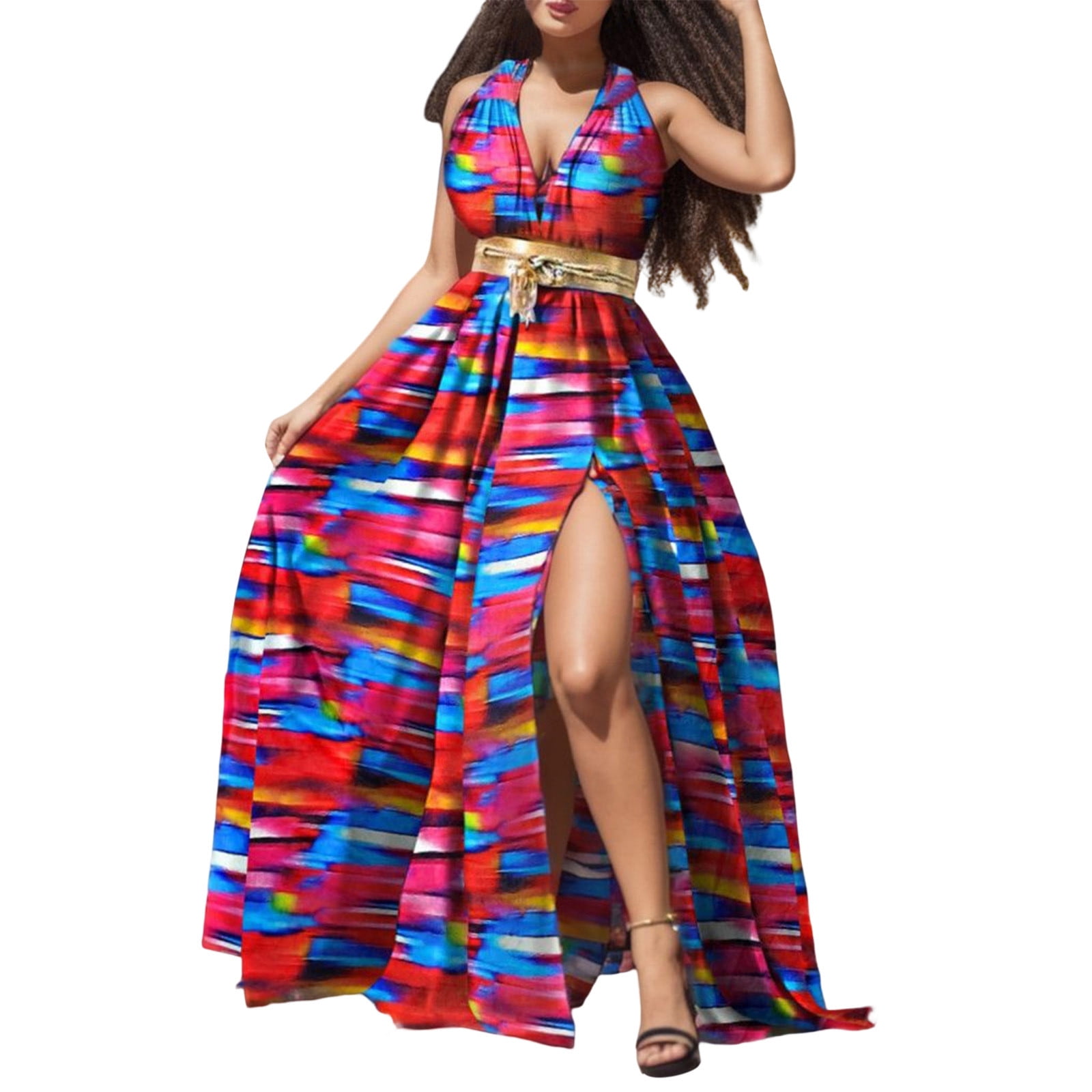 Womens Dress Ladies Dress Party V Neck High Fashion Dress Sleeveless Maxi Women Summer Print Slit Sexy Women s Dress Adult Female Clothes Red Size S