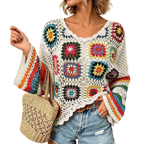 Crochet Tops for Women Spring Summer Boho Floral Shirts Coverups 2026 Summer Fall Outfits for Women(White,L)