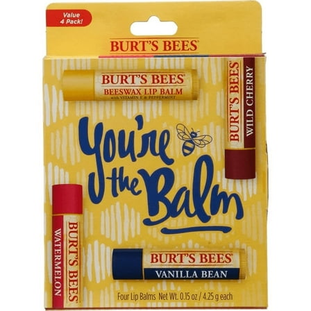 Burt's Bees Lip Balm Stocking Stuffers, Moisturizing Lip Care Christmas Gifts, You're the Balm - Original Beeswax, Wild Cherry, Vanilla & Watermelon, 100%