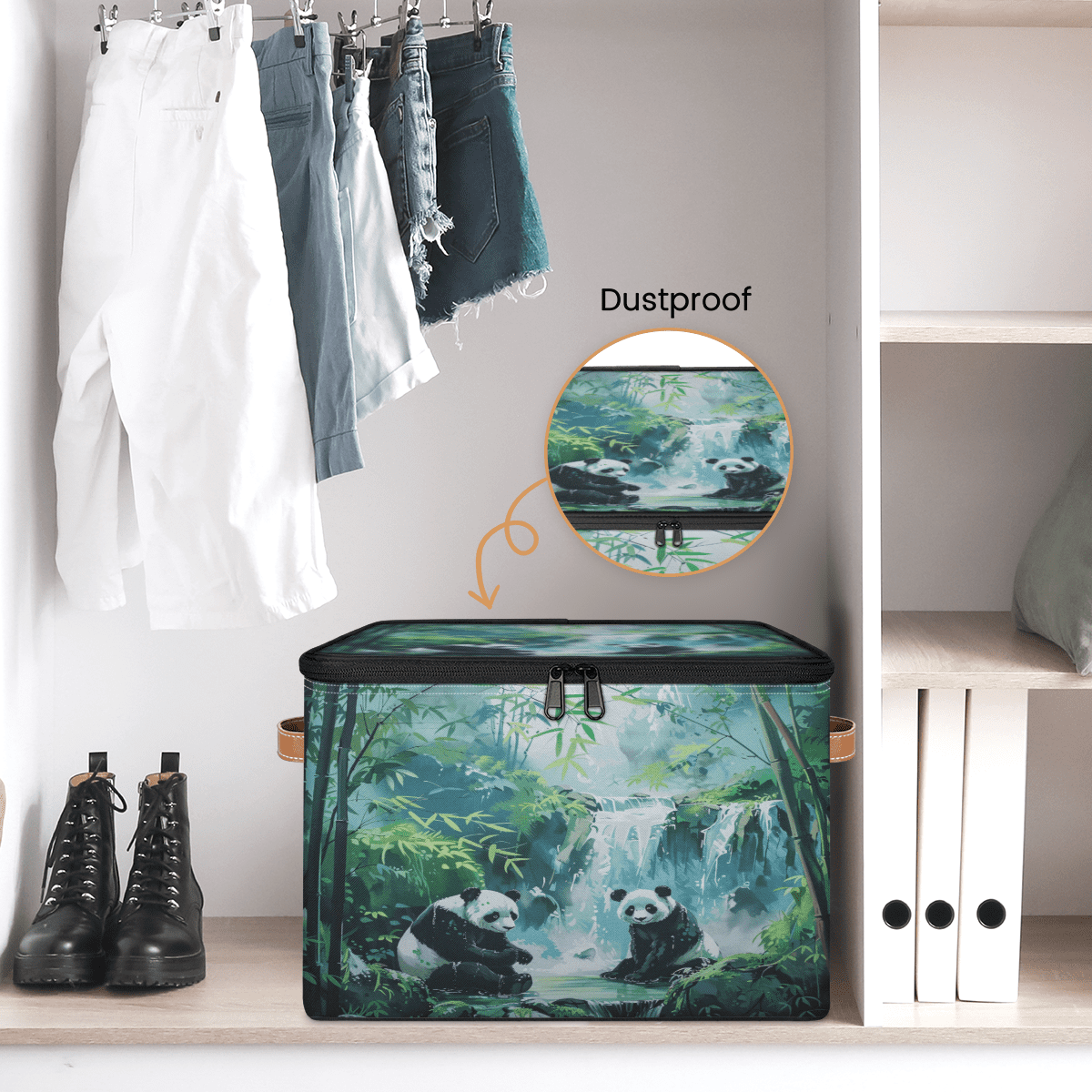 ADECORIVY Cute Panda Storage Bin with Lid Fabric Forest Bamboos Leaves Foldable Storage Baskets Boxes for Clothes Shelves Closet Organizer Containers with Leather Handles for Wardrobe