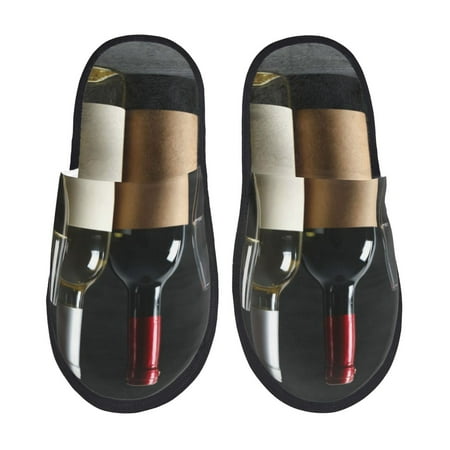 Balery Two Bottles Of Red And White Wine Slient Indoor Furry Fleece Comfort House Shoes Soft Non-Slip Home Shoes Cotton slippers House Slippers-- Medium