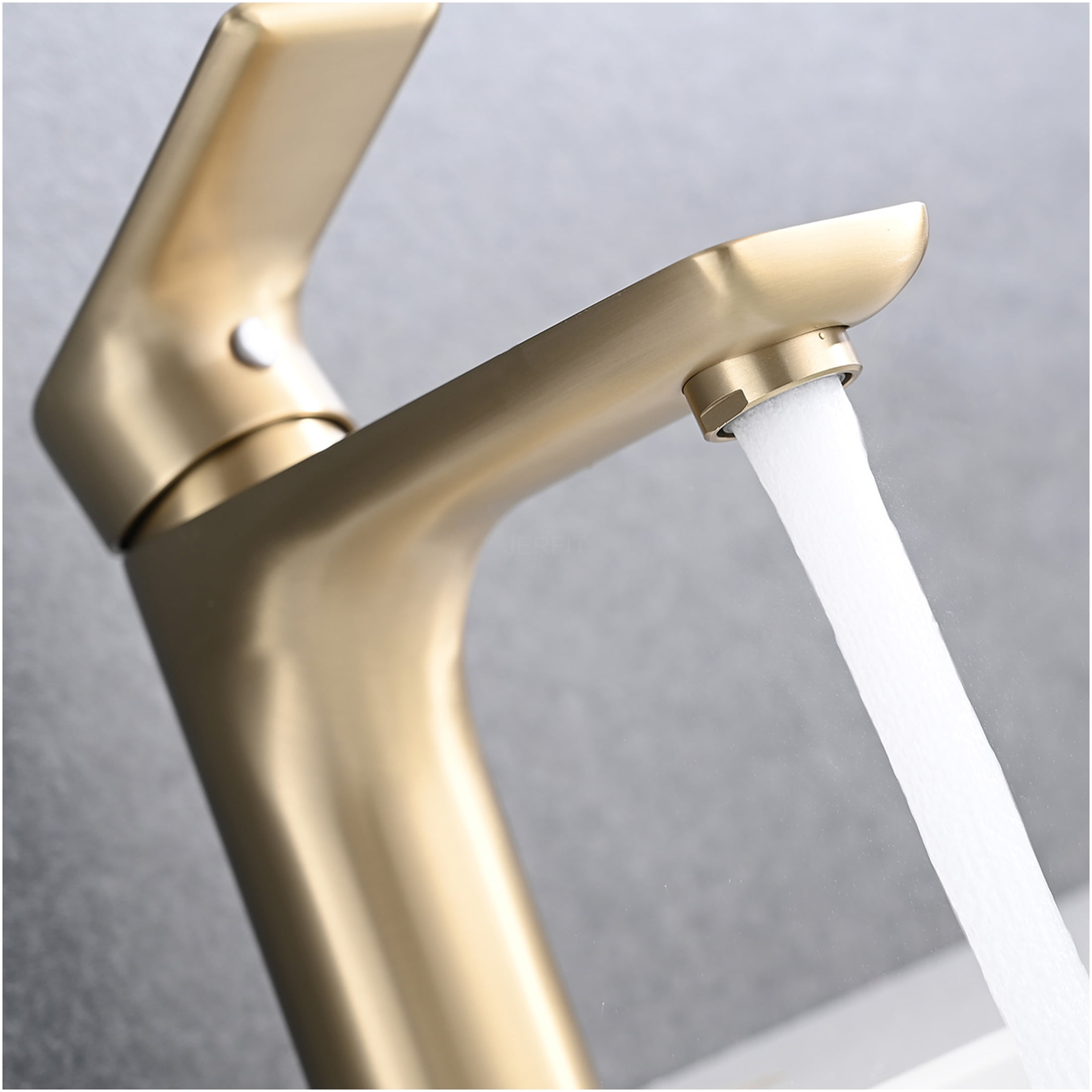 JERFIT Modern Single Hole Bathroom Faucet in Brushed Gold, Solid Brass Vessel Sink Mixer Tap with Lever Handle, Lead-Free