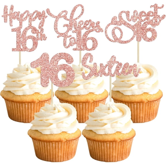 10Pcs Rose Gold Glitter 16th Birthday Cupcake Toppers, Sweet 16 Picks for 16th Birthday Party Cake Decorations