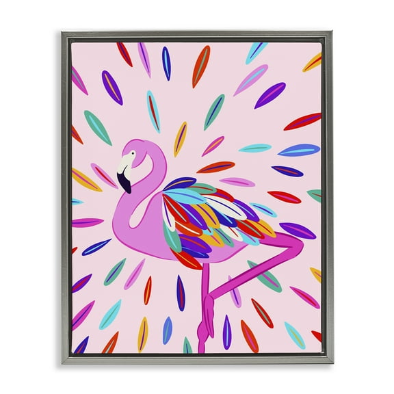 Stupell Industries Flamingo Feather Flair Animals Painting Gray Floater Framed Canvas Art Print Wall Art, 17 x 21