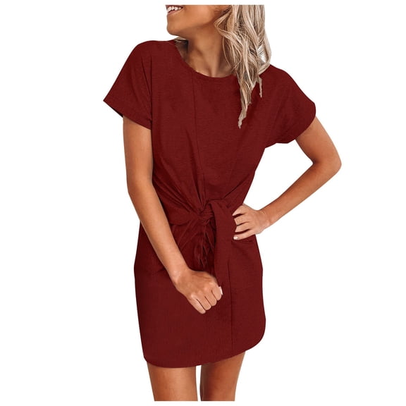Tuphregyow Women's Trendy Dress Swing Dress Short Sleeve Round-Neck Dress Waist Tie Fashion Elegant Business Summer Soild Color Dress Red M