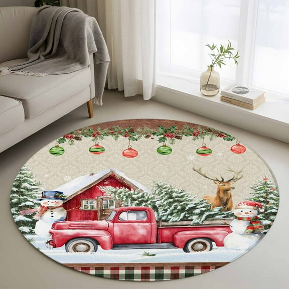 Beige Christmas Round Area Rug 3 FT,Small Kitchen Bathroom Mat,Red Truck Plaid Snowman Xmas Tree Ball Washable Indoor Outdoor Throw Runner Carpet Non-Shedding Doormat for Table Shower Sofa Entryway