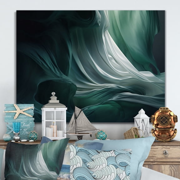 Designart "Green The Aquatic Masterpiece II" Modern Waves Metal Art Living Room