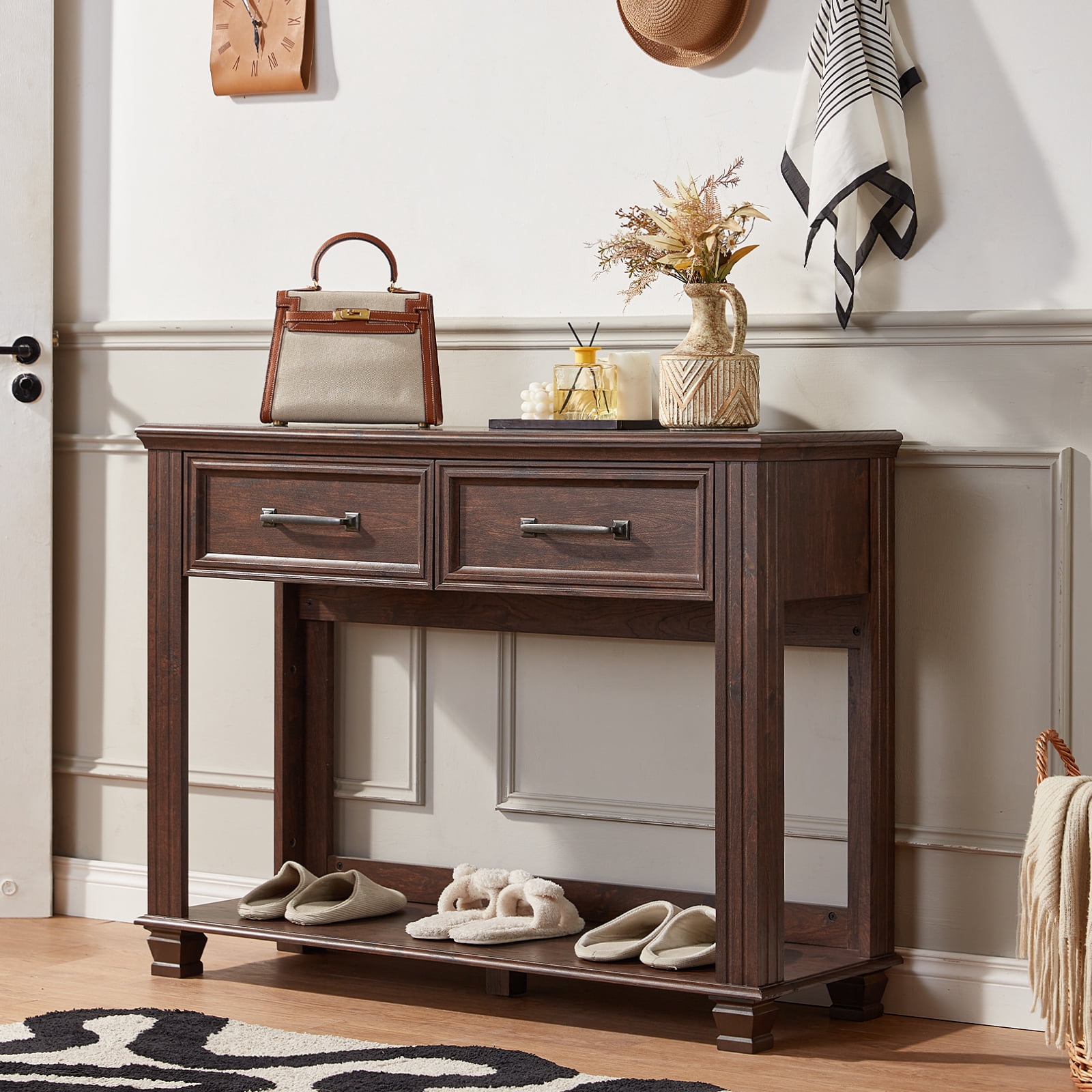 Buildhom 46" Farmhouse Console Table with 2 Drawers & Open Shelf, Rustic Wood Entryway Table for Living Room, Walnut