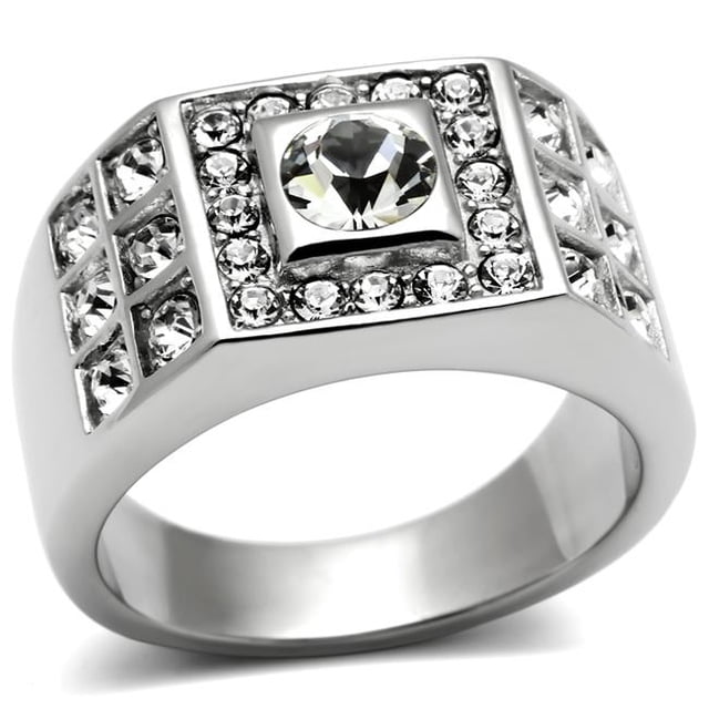 Men High Polished Stainless Steel Ring with Top Grade Crystal in Clear - Size 13