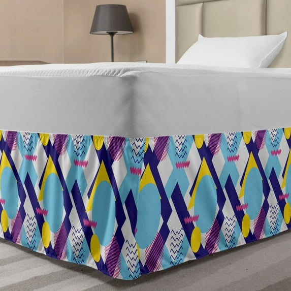 Geometric Bed Skirt, Colorful Various Elements Circles Stripes and Zigzags Retro Feels, Elastic Bedskirt Dust Ruffle Wrap Around for Bedding Decor, 4 Sizes, Indigo Pink Yellow, by Ambesonne