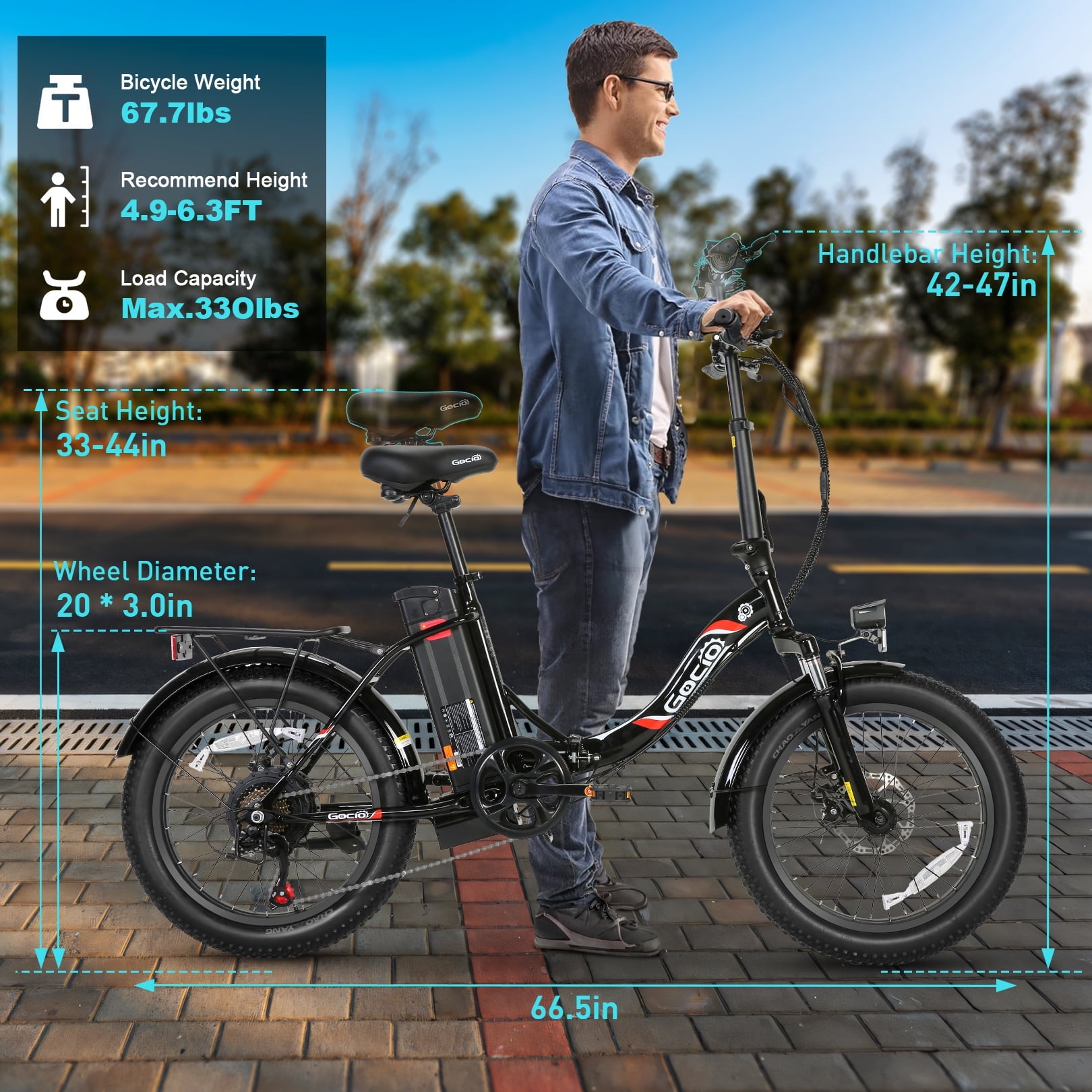Gocio 20" Folding Electric Bike for Adults, 750W Peak Motor Fat Tire Commuter Ebike, 48V 10.4Ah Battery, 7 Speed, UL2849