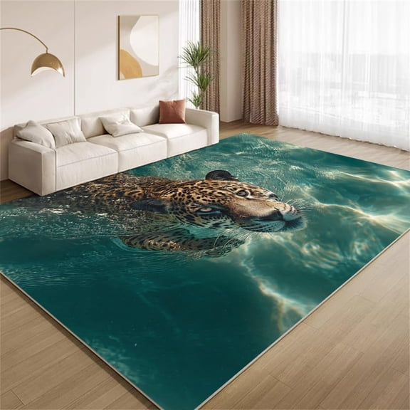 Swimming Leopard Area Rugs, Underwater Animal Pattern Carpet, Washable Non Slip Low Pile Soft Rug for Living Room Bedroom Decor Mat 2x3ft