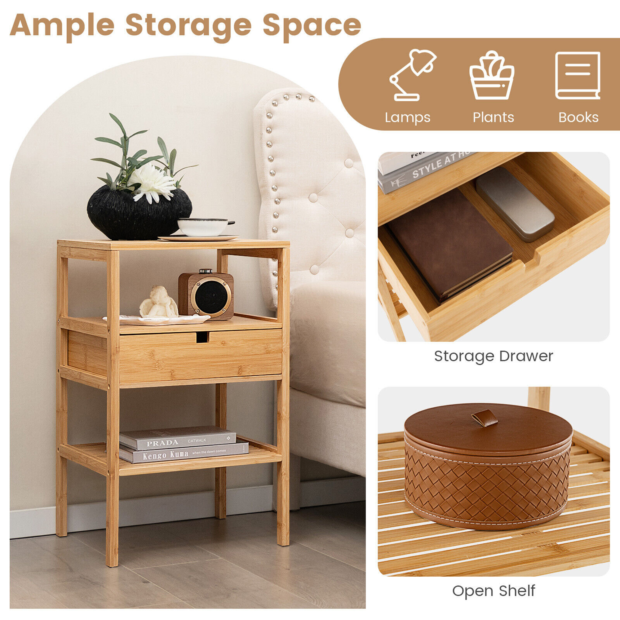 Gymax Bamboo Nightstands Set of 2 w/ Pull-out Drawer and Storage Shelf Wood Natural