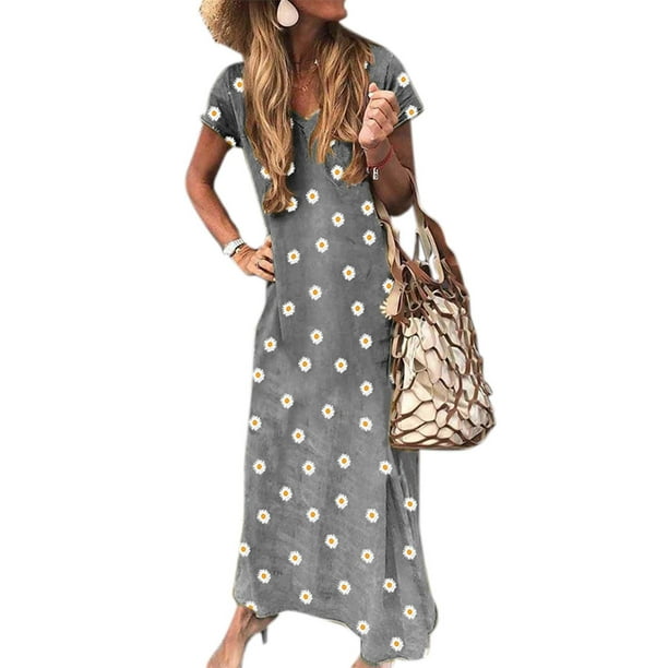 Wodstyle - Women Boho Floral V Neck Long Maxi Dress Summer Beach Holiday Sundress Plus Size 