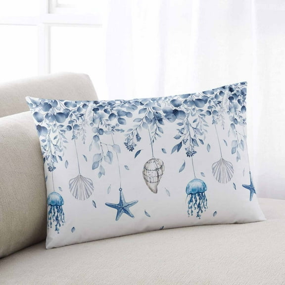 Coastal Eucalyptus Throw Pillow Cover Case,Couch Sofa Bed Pillowcase,Soft Decorative Lumbar Pillow Protector,Blue Spring Leaves Seashell Jellyfish Conch 12x20Inch Reversible Pillow Shams with Zipper