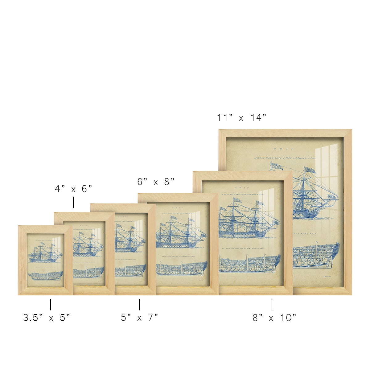 Vintage Ship Blueprint -Framed Print w/glass-Natural Wood