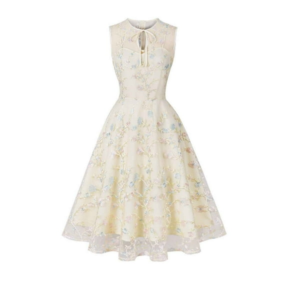 QUNYINEY Floral Spring Dresses for Women 2025 Casual Sleeveless A-Line Dress Flowy Crew Neck Cut Out Midi Sundress