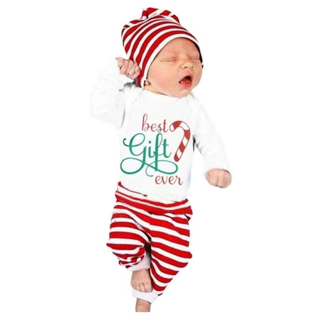 

Toddler Baby Girls Boys Pajamas Sets PJ s Christmas Letter Romper Striped Pants Hat Outfits Clothes Set Size 12-18 Months
