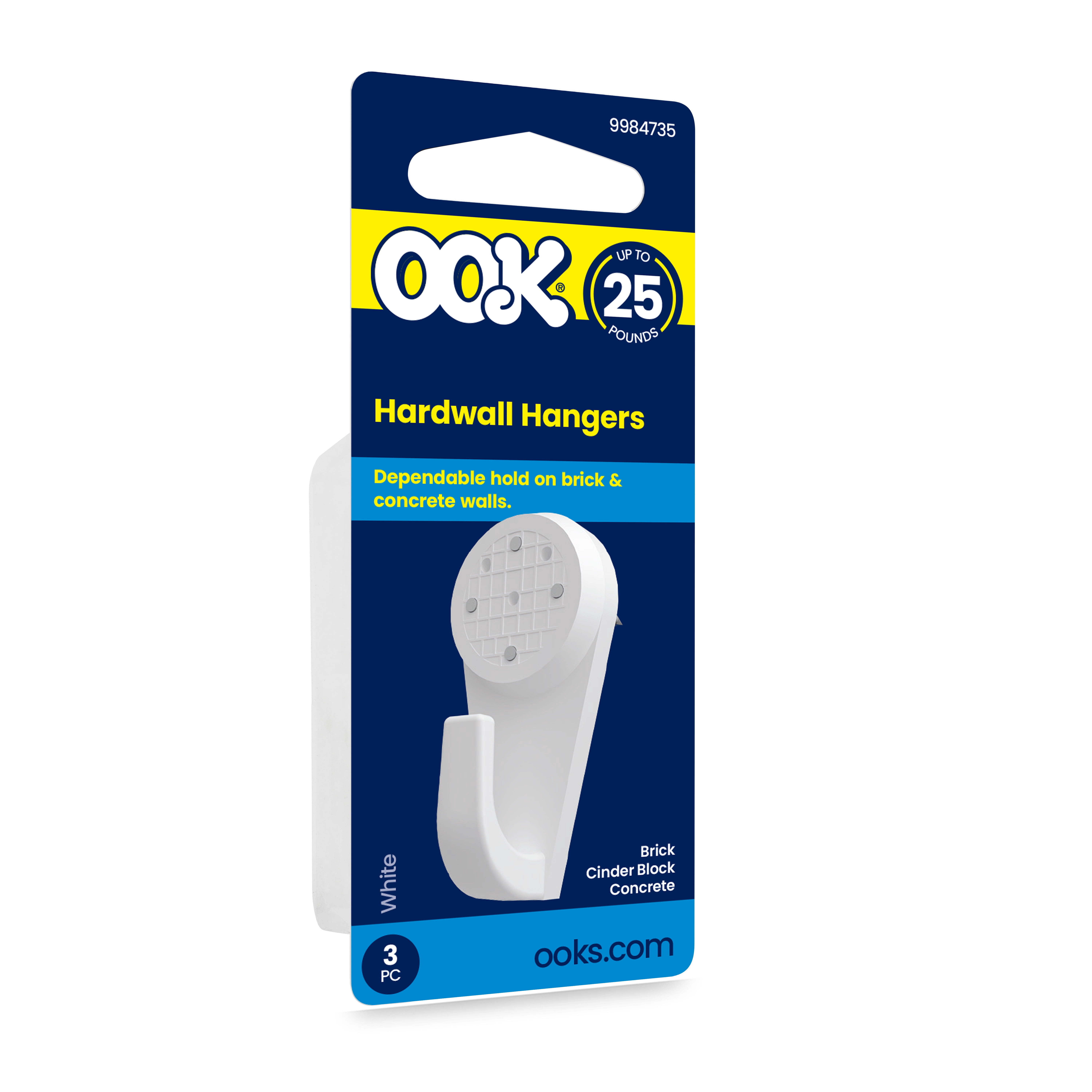 OOK Wall Grip, Hard Wall Hangers, Steel, White, 25LB, 3 Pieces