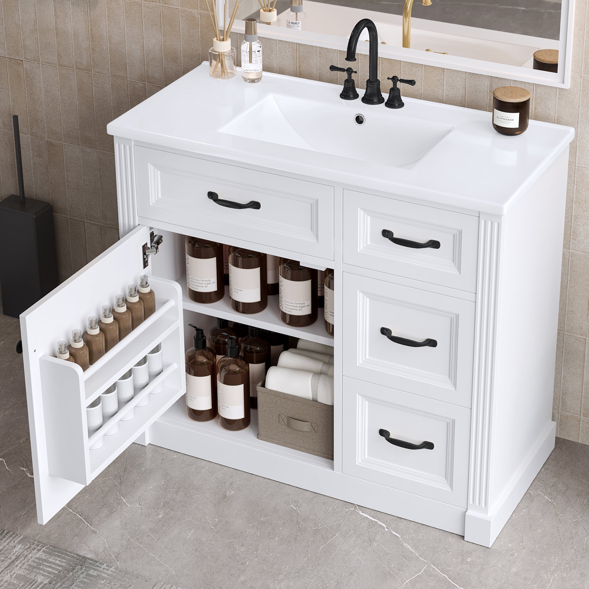 Euroco 36 Inch Bathroom Vanity with Sink, Cabinet with 4 Drawers, Soft-Close Door & Adjustable Shelf, Ceramic Basin, Modern Storage Vanity for Bathroom Organization, White Finish