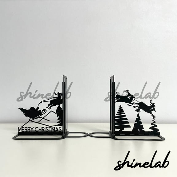 Shinelab Santa Reindeer Metal Bookends Christmas Personalized Name Bookend Gift, Desk Bookshelf Decor 6467