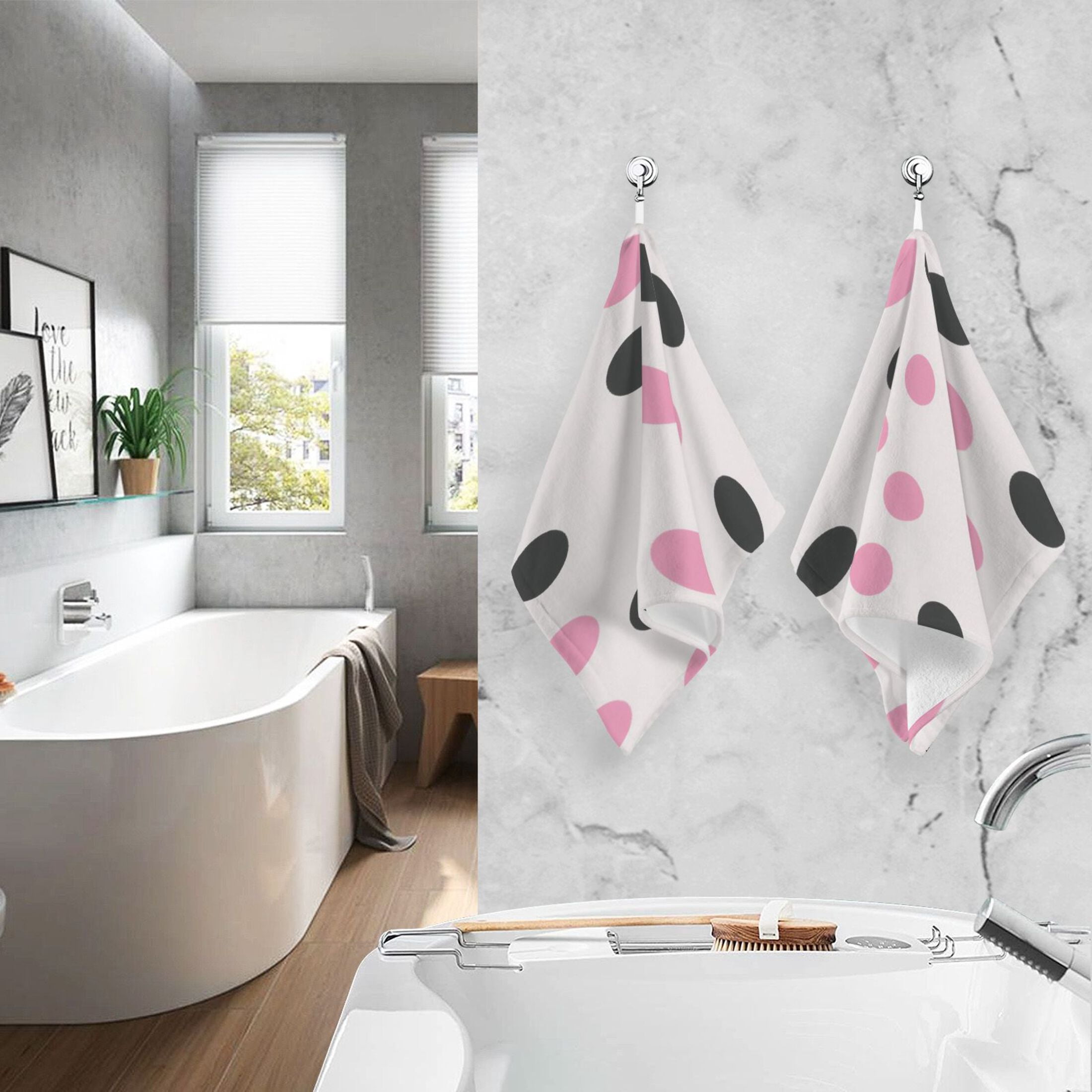 2 Pcs Absorbent Face Towel Bath Hand Towels Soft Breathable Cotton Towel Set for Bathroom Kitchen Hotel Spa Decor Pink and Black Dots