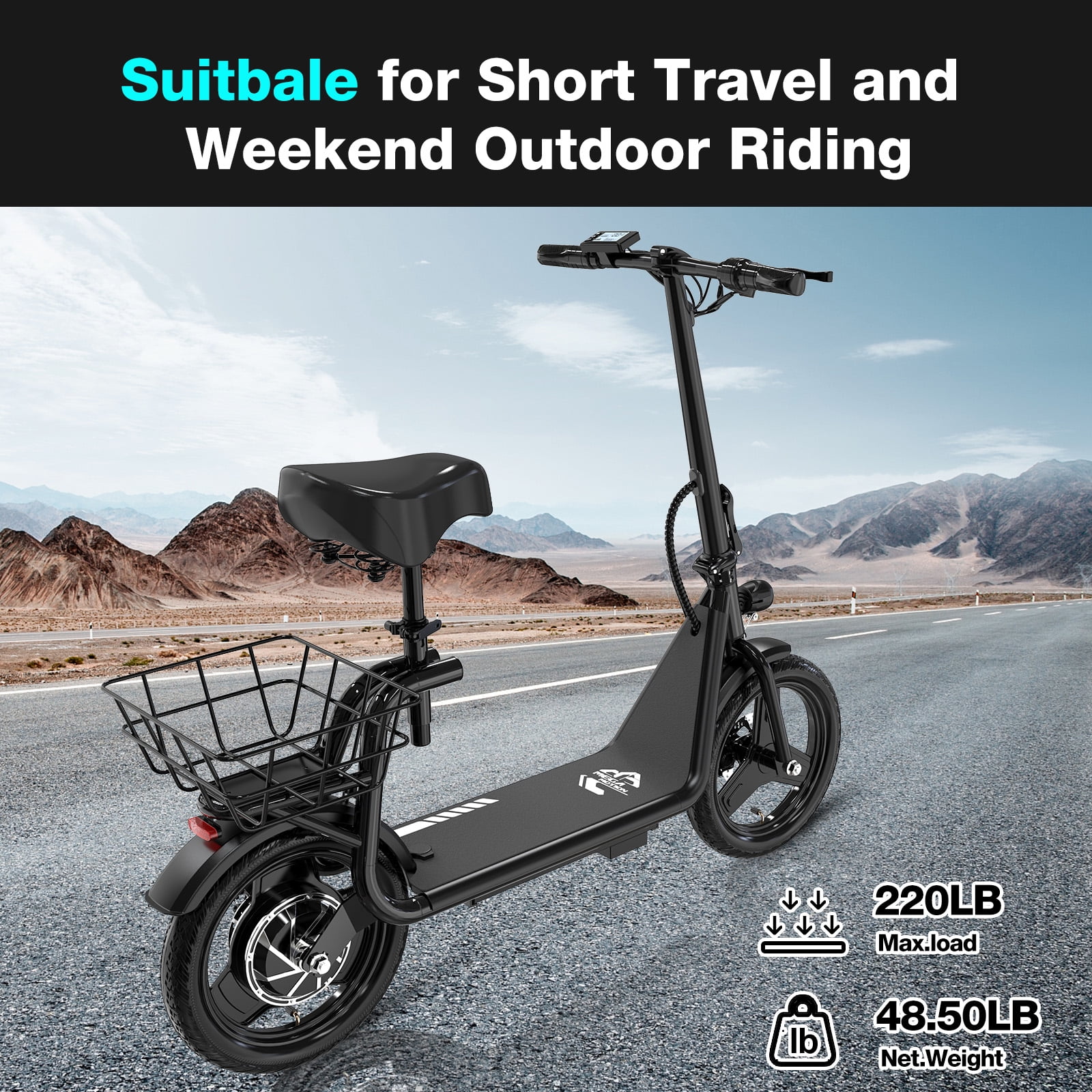 MEGA MOTION Electric Scooter Ebike, 400W Foldable Scooter with Seat 18.6MPH/7.8Ah battery, 14in Adult Electric Bicycle e scooter HS5