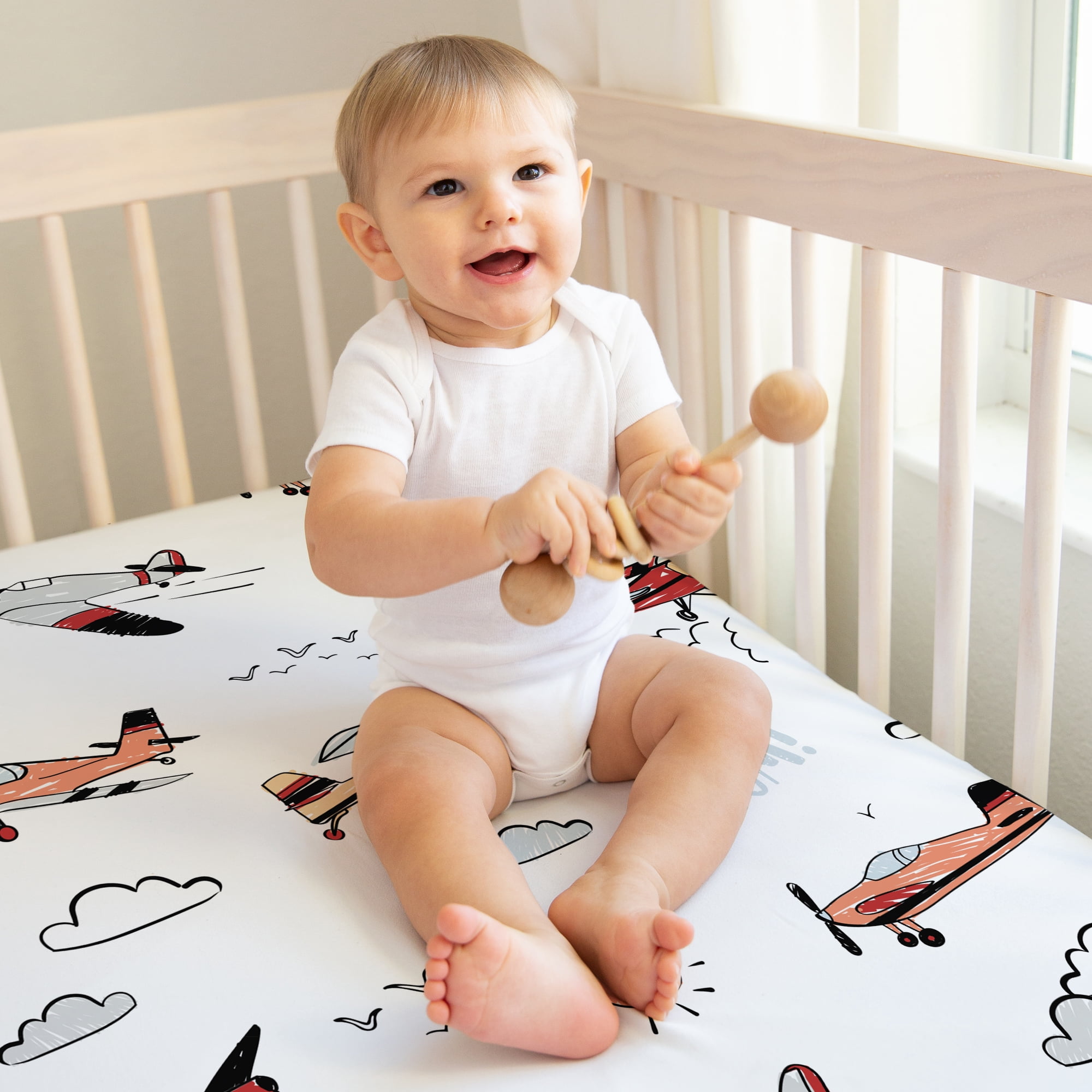 Sweet Jojo Designs Airplane Blue Red and Grey Fitted Crib Sheets 2 Piece Set