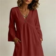 thumbnail image 6 of Yteetum 3/4 Sleeve Dresses for Women Summer V Neck Cotton Linen Midi Dresses Casual Solid Loose Lightweight Breathable Quickly Dry Travel Vacation Dress, 6 of 8