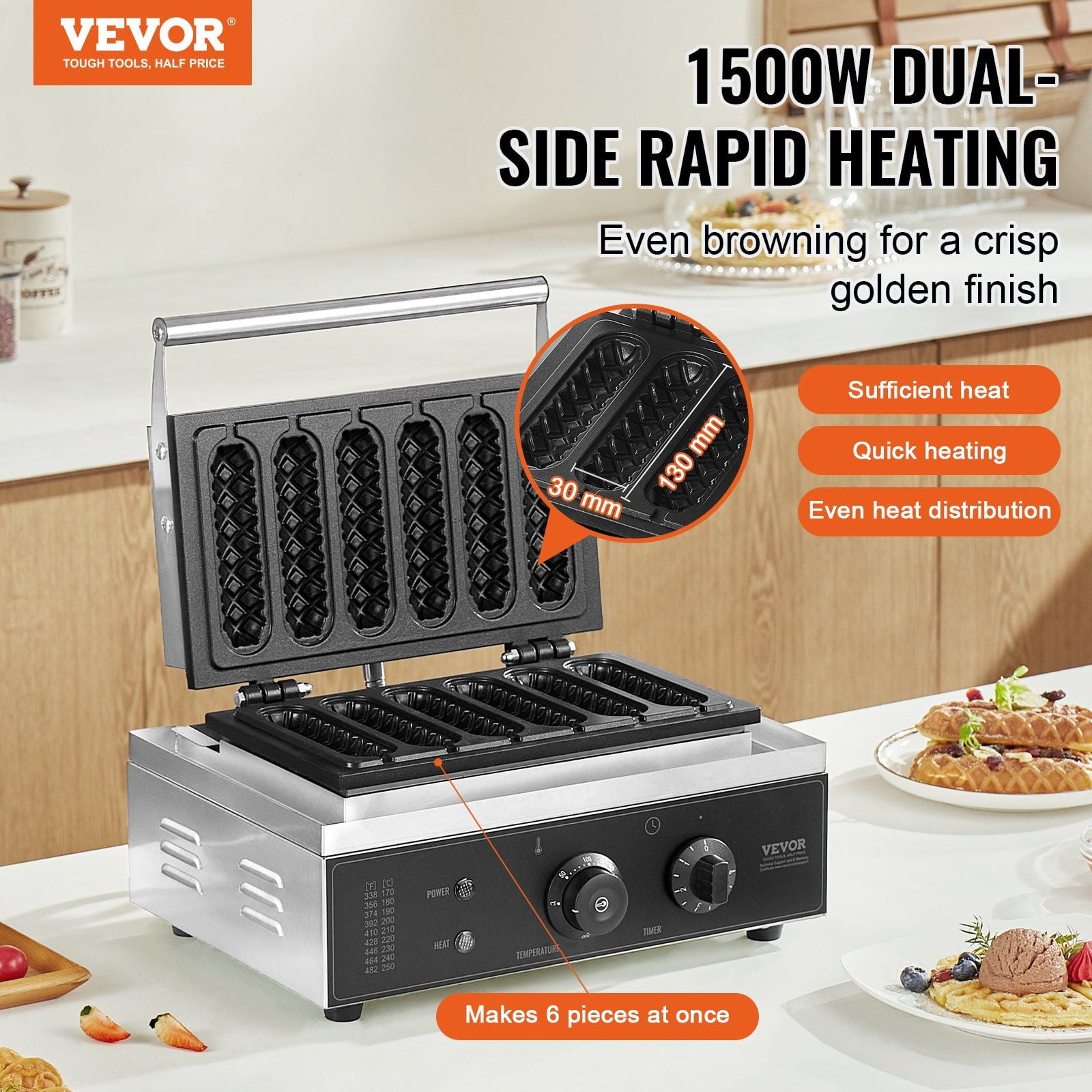6-Piece Commercial Waffle Stick Maker, 1500W Waffle Baker Machine & Corn Dog Iron, Non-Stick Plates, Time & Temp Control, for Home & Business Use
