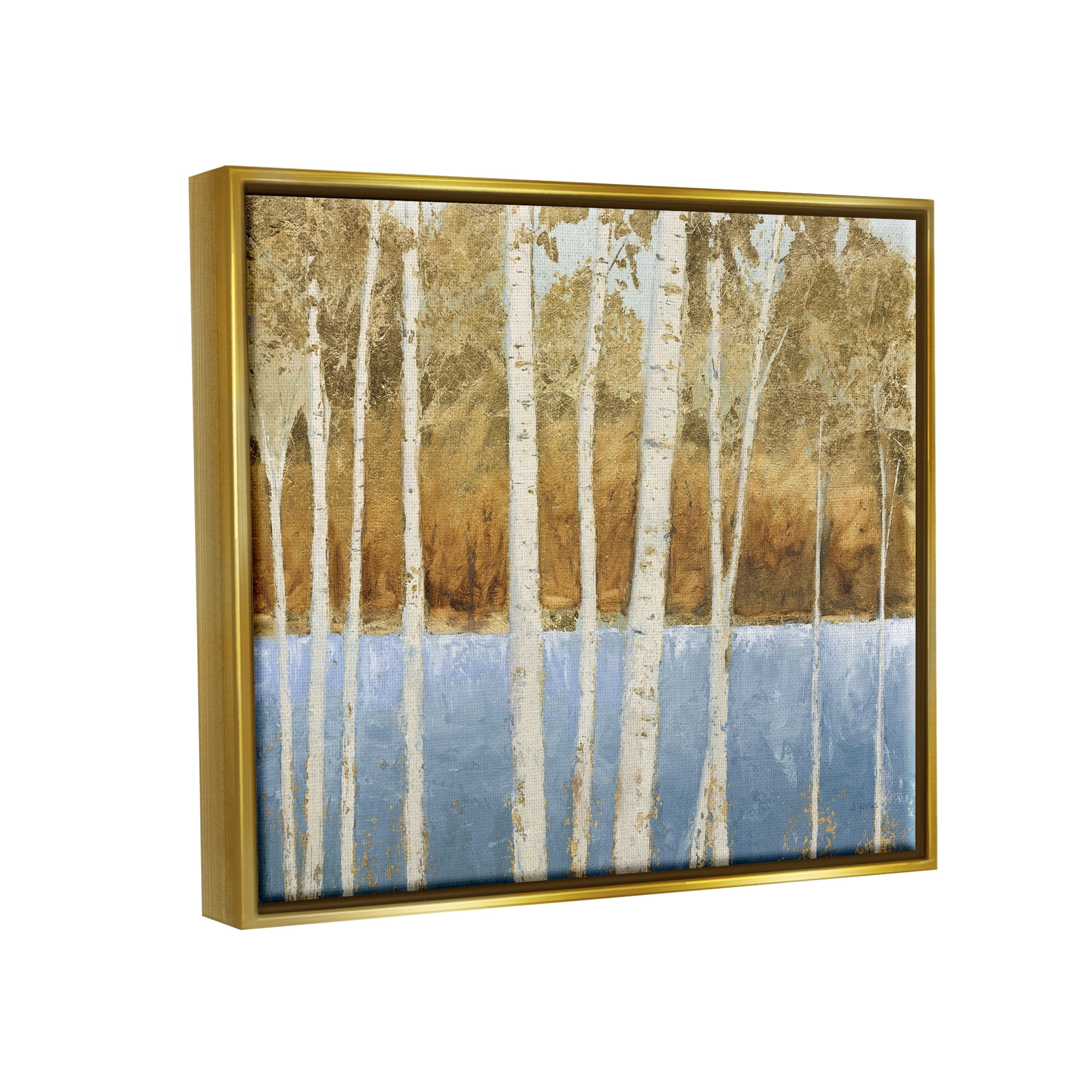 Stupell Industries Birch Tree Lake Landscape Blue Gold Nature Painting Metallic Gold Framed Floating Canvas Wall Art, 16x20, by James Wiens
