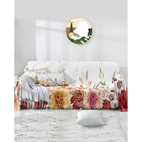 Eucalyptus Flower Sofa Couch Covers for 3 Cushion Couch,Washable L Shape Sectional Sofa Covers for Loverseat/Pet,Aesthetic Floral Plant Watercolor Orange Slipcover Throw Blanket Futon Cover 71x134