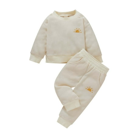 

YWDJ 3-18 Months Boys Girls Outfit Sets Fall Winter Embroidered Pattern Long Sleeved Top Trousers Set Beige 6-9 Months