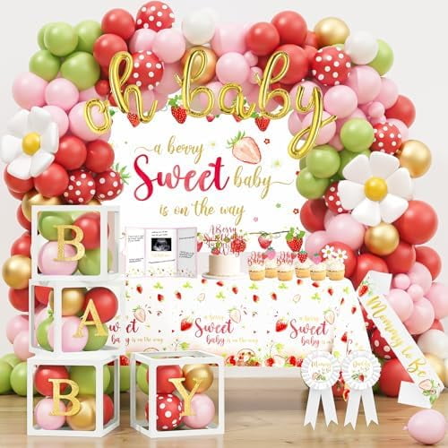 Strawberry Baby Shower Decorations: It's A Girl Gender Reveal, Backdrop Balloon Arch, Tablecloth Cake Topper – Home Decor