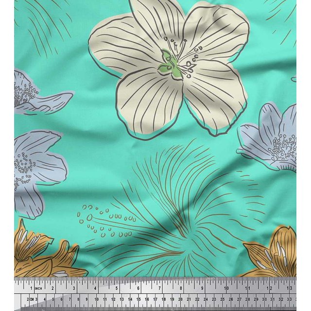 Soimoi Tissu Satin Modal Imprimé Fleur de Lys 1 Yard 42 Pouces de Large