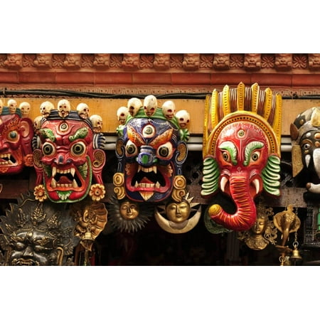 Nepalese Paper - Folk Art of Nepal, Paper Mache Masks Print Wall Art By Jaina Mishra