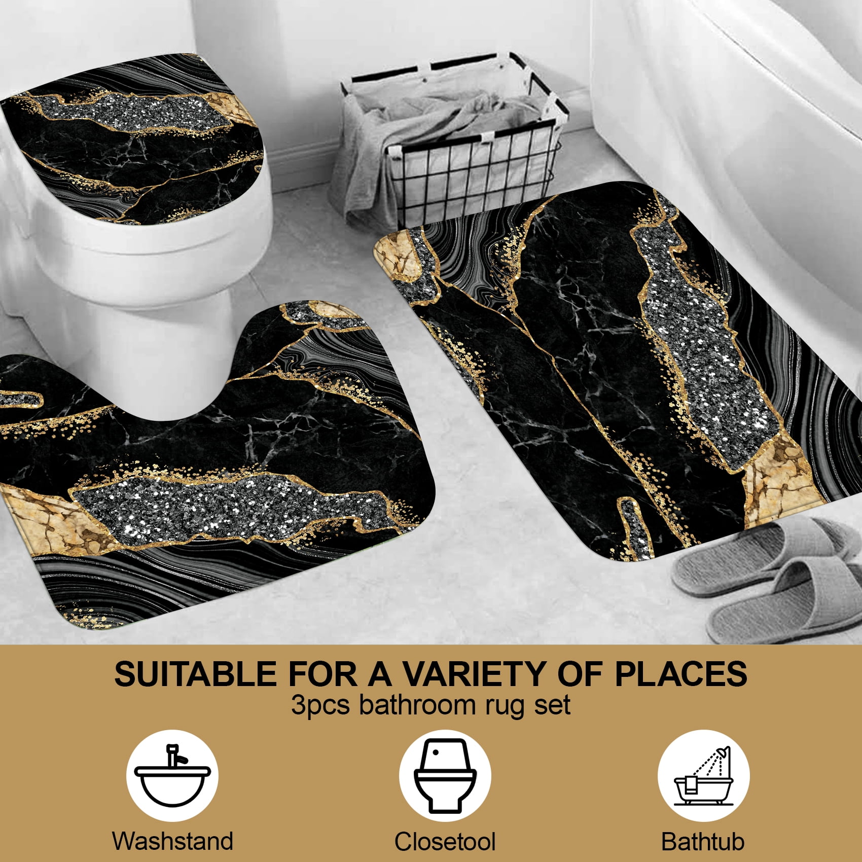 4PCS Marble Shower Curtain Sets, Modern Bathroom Sets with Shower Curtains, Toilet Lid Rug, Contour Mat and Bath Mat, Bathroom Decor Luxury Shower Curtain with 12 Hooks, 72 x 72 Inch, Black