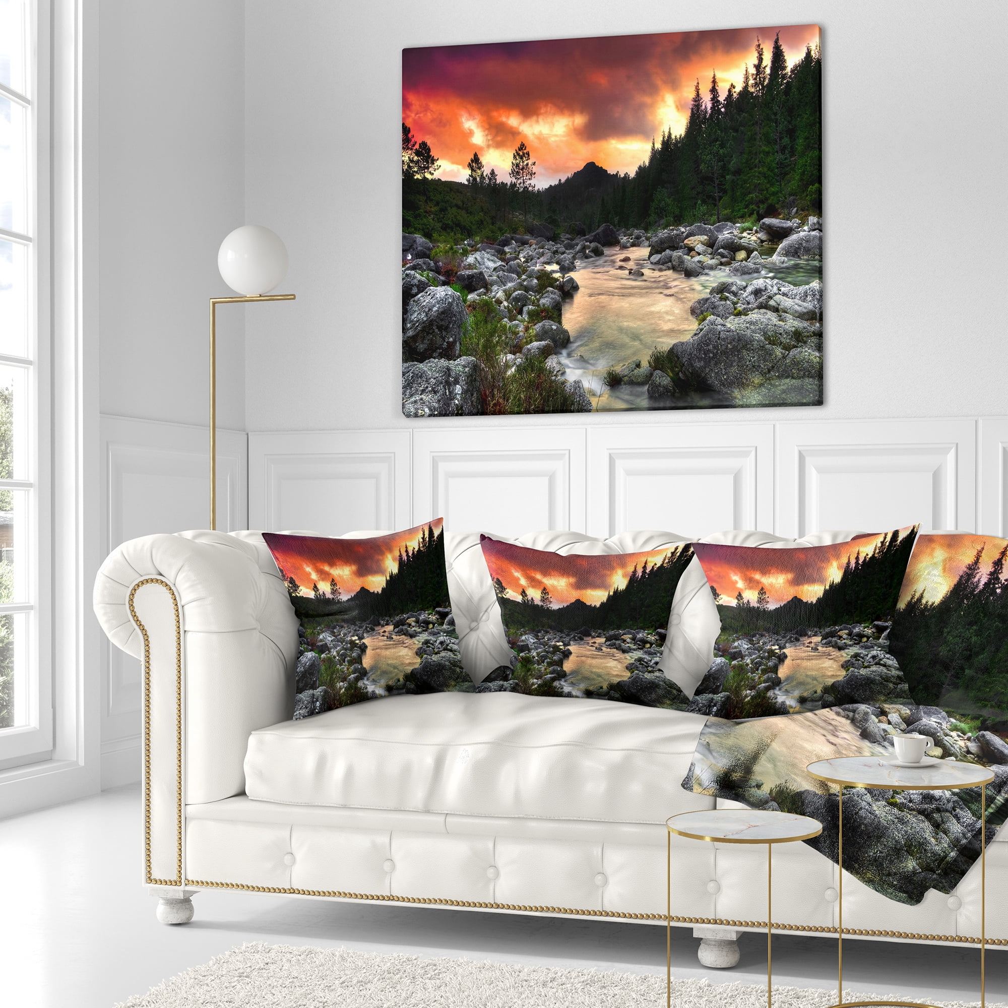 Designart Rocky Mountain River at Sunset - Landscape Printed Throw Pillow - 18x18