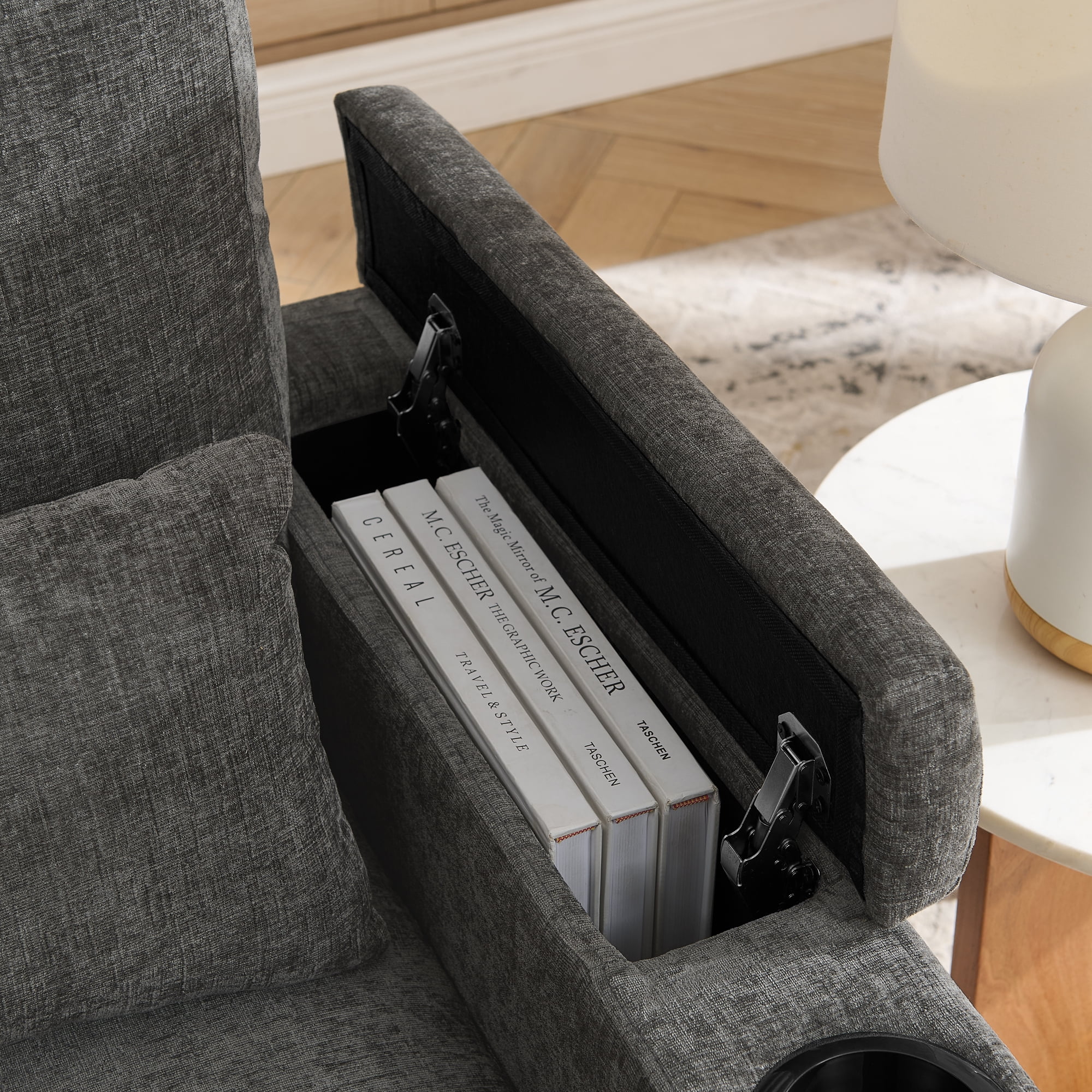 Recliner Chair with Adjustable Backrest, Cup Holders, USB Charging Port, Phone Stand, Arm Storage and Storage Ottoman