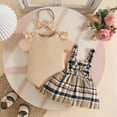thumbnail image 2 of vigerkar Baby Girl Clothes Fall Spring Outfit Short Sleeve Ruffle Romper Plaid Skirt Bow Headband 3 Pcs Set 0-18 Months (Khaki, 12-18 Months), 2 of 9
