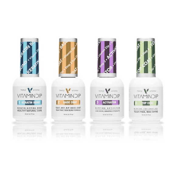 Triple Vitamin Dip Powder Nail Liquid Set – Bond Gel Base Activator Gel Top Set 4 (Step 1-4) 18ml – NO LED UV/LAMP Needed