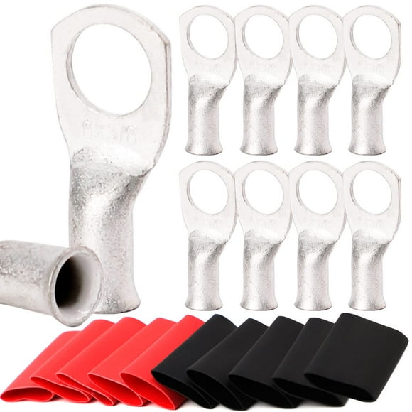 TKDMR 10 Pcs 8 Crampons en Fil de Cuivre de Qualité Marine, avec Tuyauterie Rétractable à la Chaleur 3:1, Embouts de Câble de Batterie UL, Crampons de Câble Robustes, Illets en Cuivre Teintés, Bornes Tubulaires
