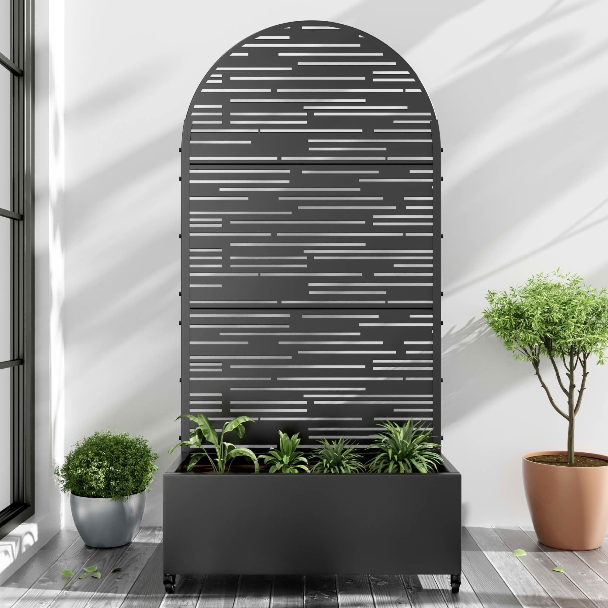 MAYEERTY 72x35x16 Inch Black Metal Arched Planter Box with Trellis for Outdoor Garden & Patio