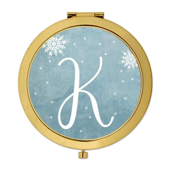 Koyal Wholesale Gold Compact Mirror Bridesmaid's Wedding Gift, Blue Winter Snowflakes, Monogram Letter K, 1-Pack