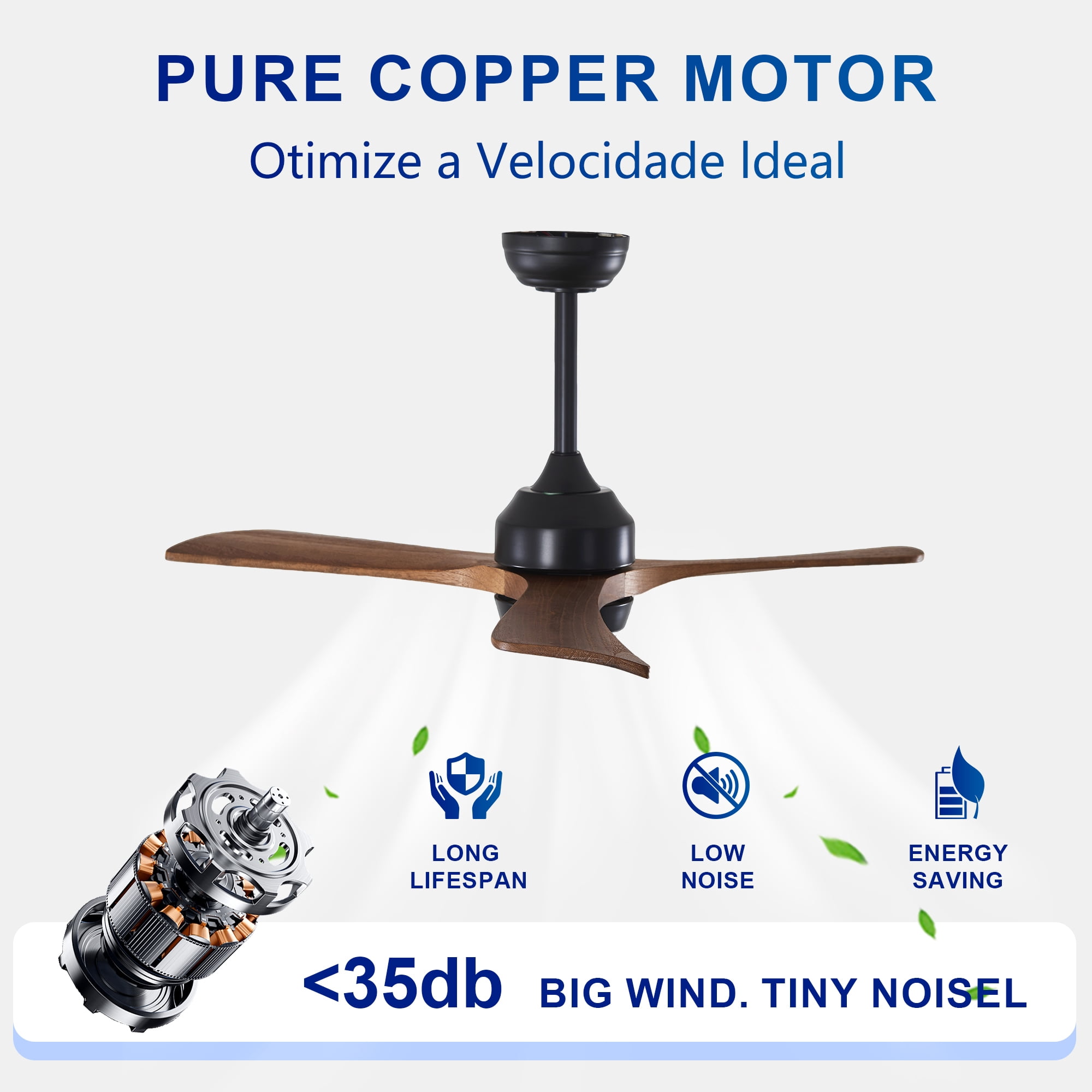 Leumius 42" Solid Wood Blades Ceiling Fan with Light and Remote Control,Quiet DC Motor 3 Blade Ceiling Fans 6 Speed Levels,Reversible for Patio Living Room Bedroom Office Black