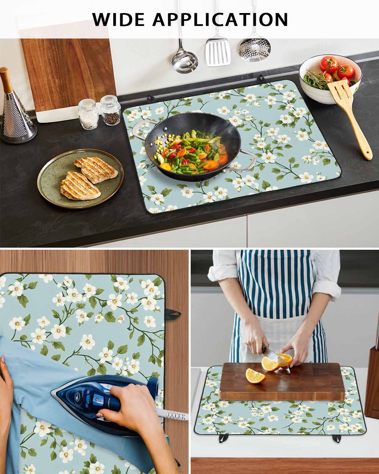 nqOlkjepod Large Induction Cooktop Protector Mat 36"x21", White Teal Spring Floral Stove Top Covers for Electric Stove, Farmhouse Flowers Summer Botanical Stove Burner Cover Mats Stove Cover