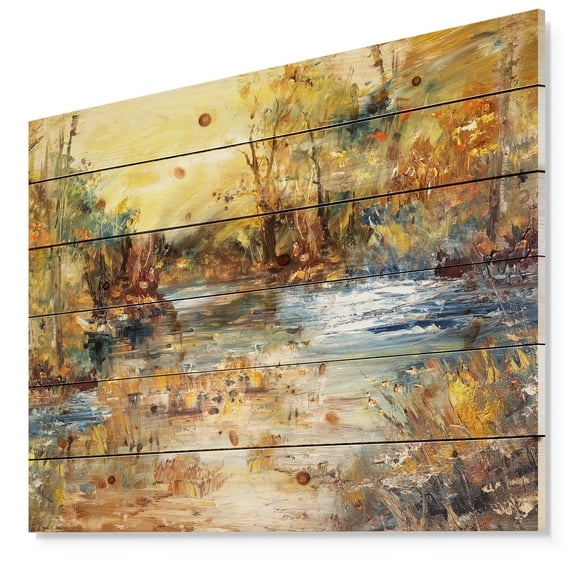 Designart 'River in Forest Oil Painting' Landscape Print on Natural Pine Wood