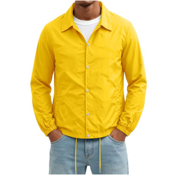 FRSASU Men's Coach Jacket Lapel Collar Snap‑Button Front Windbreaker Casual Drawstring Hem Lightweight Outerwear Yellow